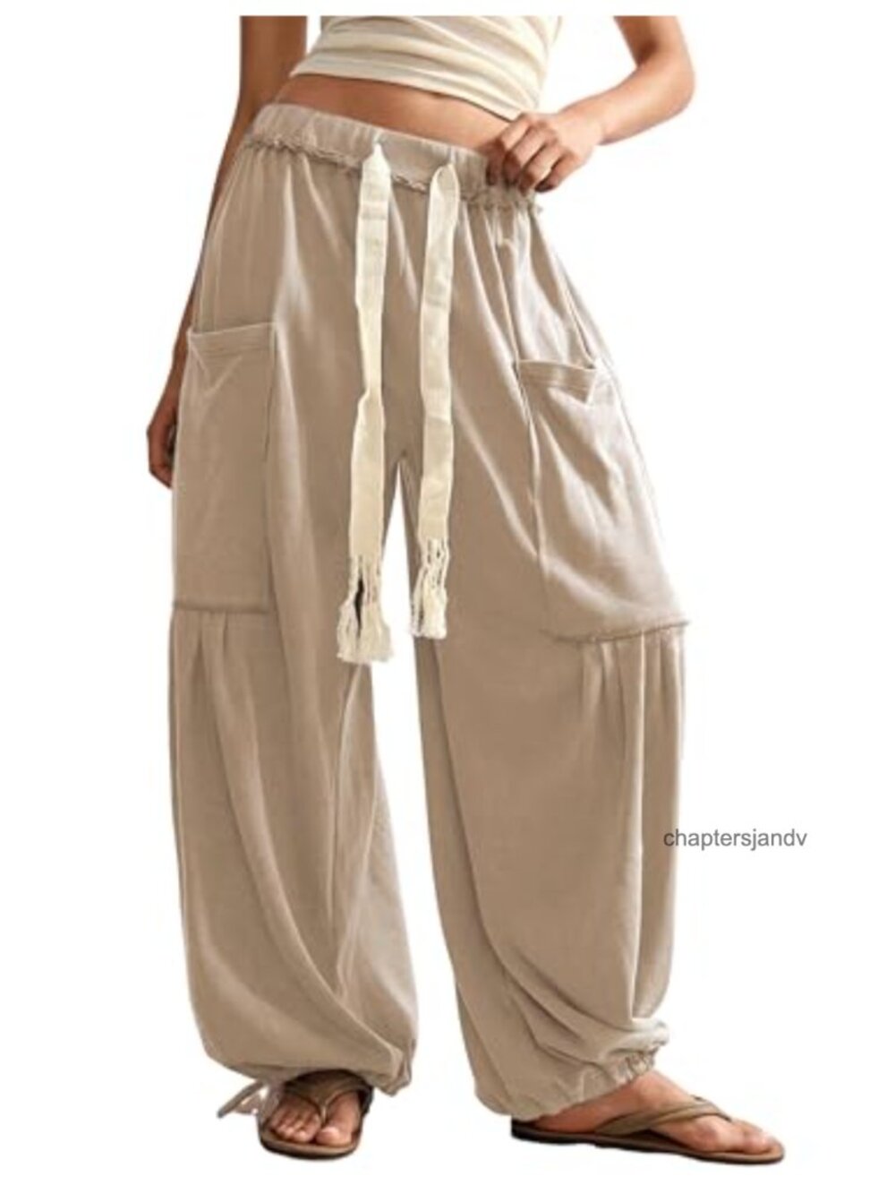 Wide Leg Harem Pants Drawstring Elastic Waist Big Pockets Casual